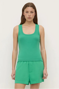 Woman wearing a Robyn Scoop Neck Rib Tank in green
