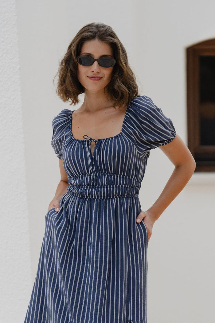 Roma Navy Stripe SS Poet Midi Dress