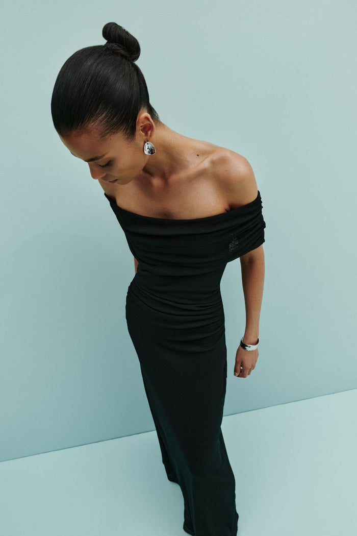 Rue Black Mesh Off Shoulder SS Midi Dress