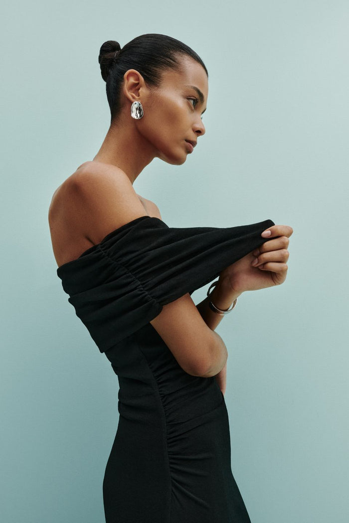 Rue Black Mesh Off Shoulder SS Midi Dress