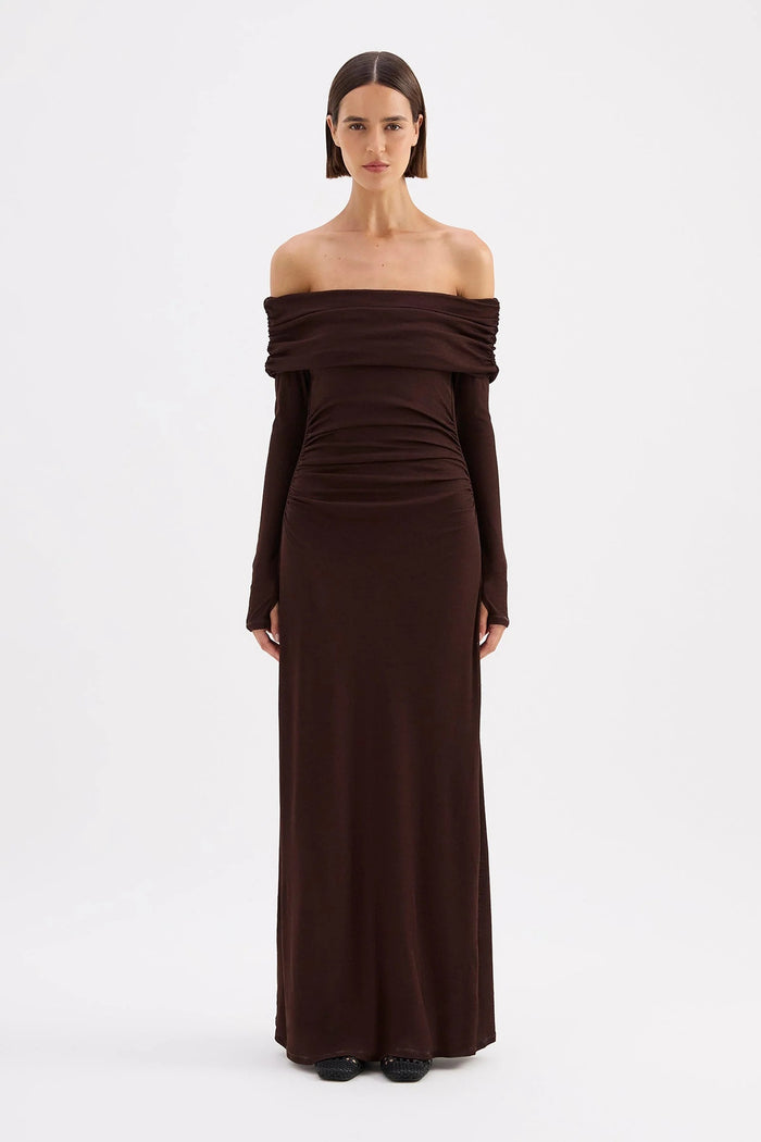 Rue Raisin Mesh Off Shoulder LS Maxi Dress