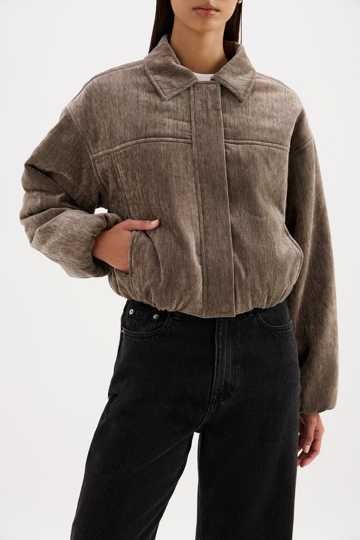 Sabina Driftwood Taupe Faux Suede Collared Bomber