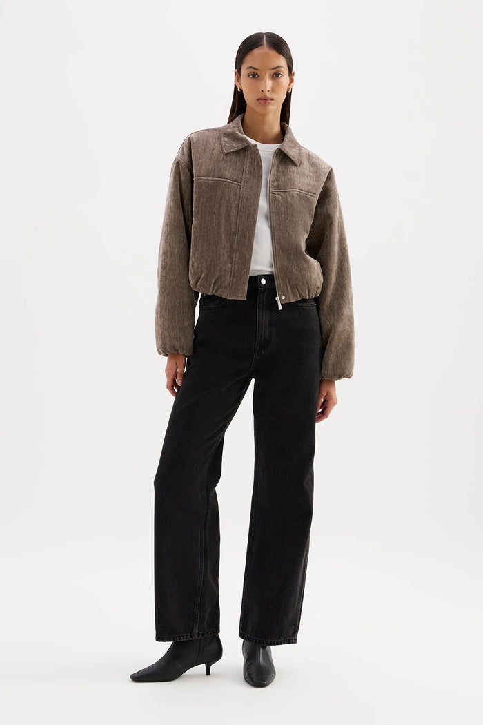 Sabina Driftwood Taupe Faux Suede Collared Bomber