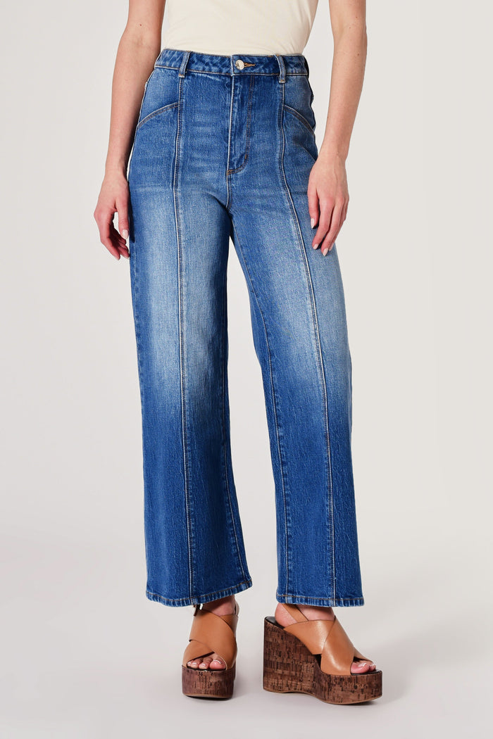 Person wearing blue jeans on a plain background
