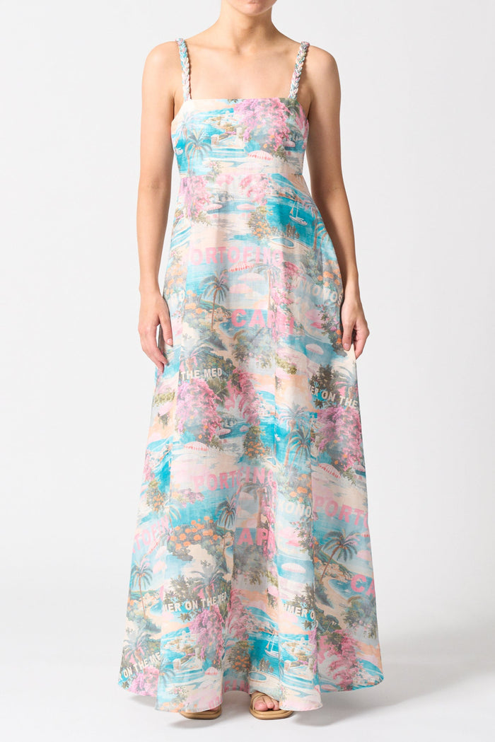 model wearing pink blue print long dress