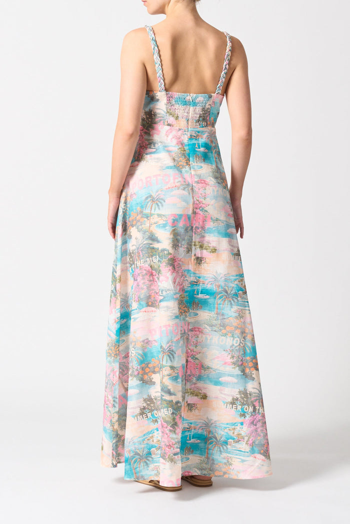 model wearing pink blue print long dress