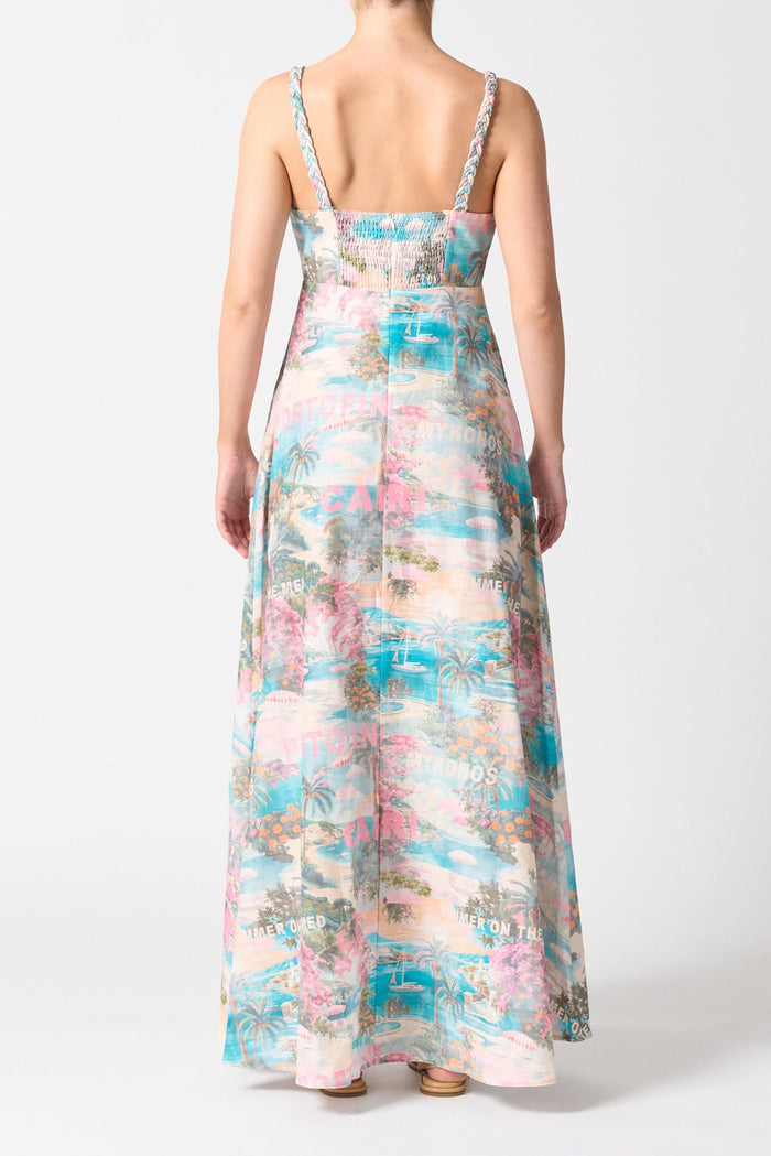 model wearing pink blue print long dress