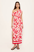 Woman wears a red white floral asymmetric dress