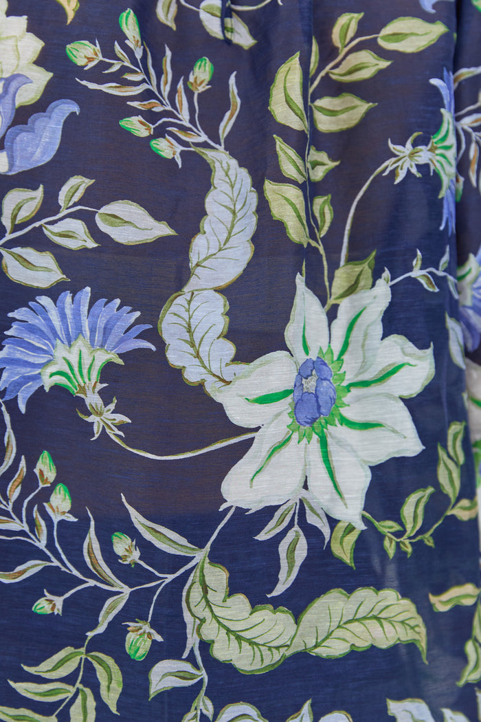Floral pattern on a dark blue fabric background