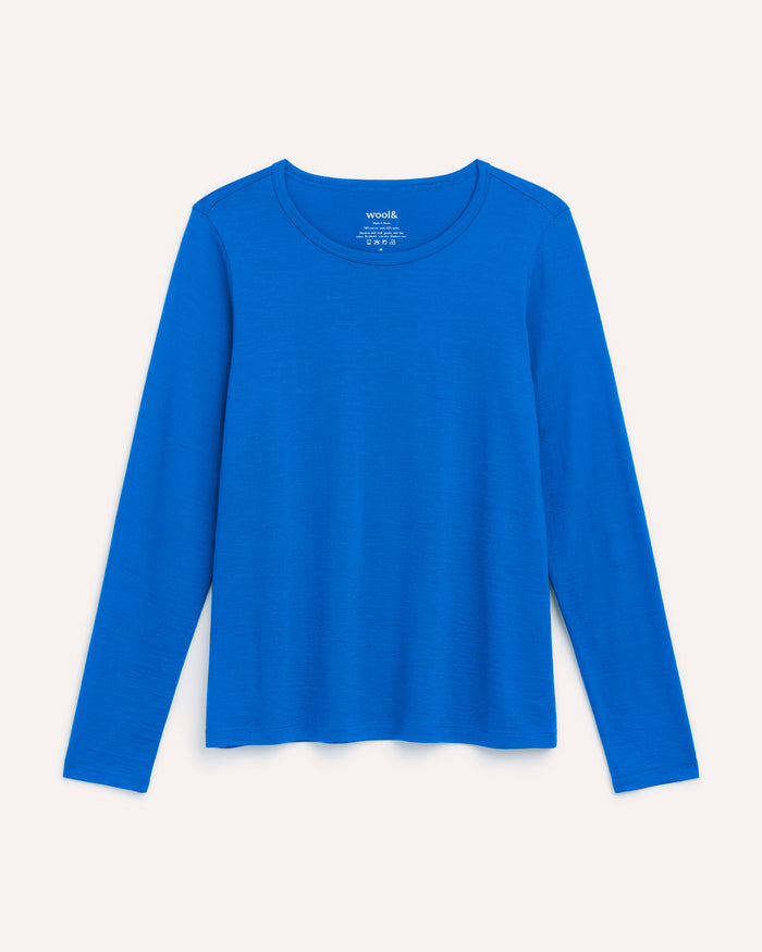 Laydown of Sloan Signature Fitted Tee in Ultramarine, a vibrant cobalt blue color. Sloan Signature Fitted Tee is a merino wool long sleeve, crew neck, slim fit tee available in sizes XS-3X.