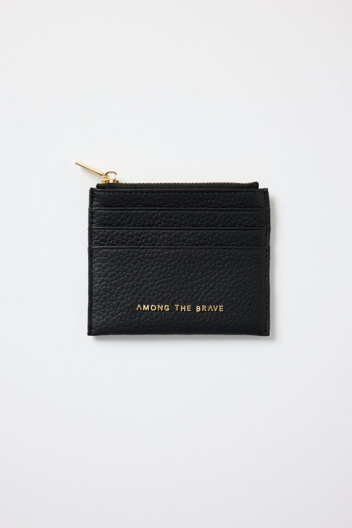 Black cardholder with 'Among the Brave' text on a white background