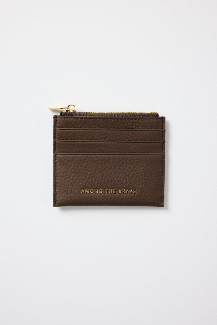 Brown leather cardholder with gold zipper on a white background