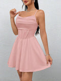 Solid-color pleated back zipper halter dress