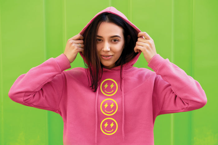 Screen printed smiley design on sweatshirt using Speed Screens