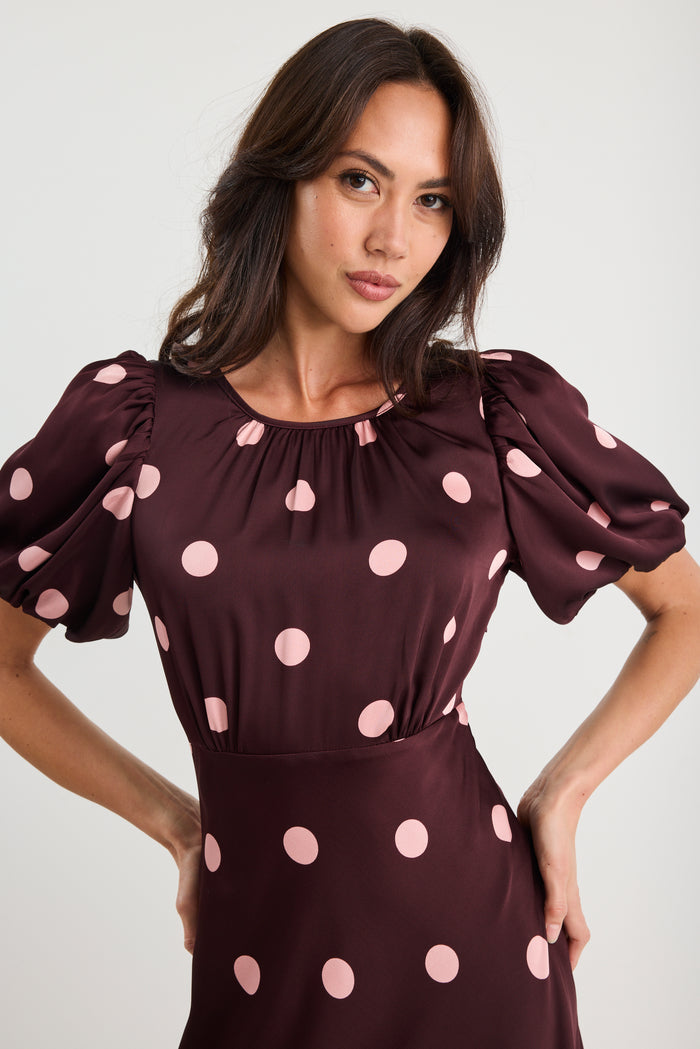 Stage Plum Polka Dot Puff Sleeve Satin Floaty Maxi Dress