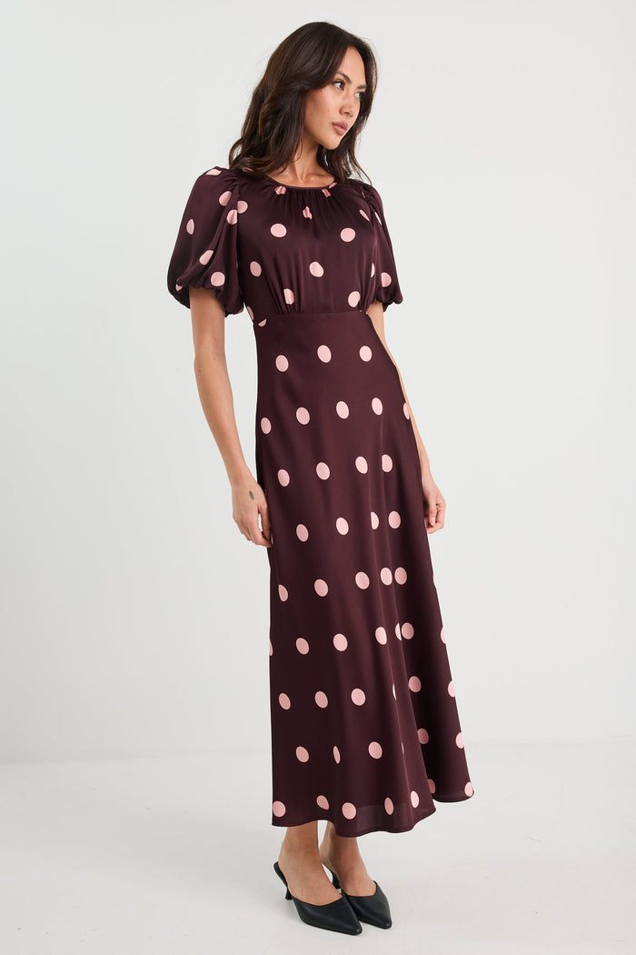 Stage Plum Polka Dot Puff Sleeve Satin Floaty Maxi Dress