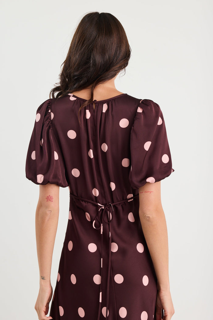 Stage Plum Polka Dot Puff Sleeve Satin Floaty Maxi Dress