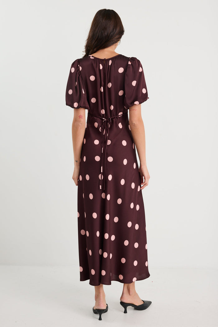 Stage Plum Polka Dot Puff Sleeve Satin Floaty Maxi Dress