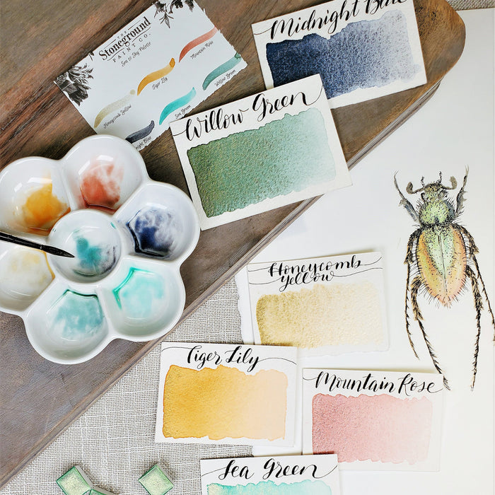 Stoneground Watercolour Half Pan Set of 6 - Pearlescent Sea To Sky Palette