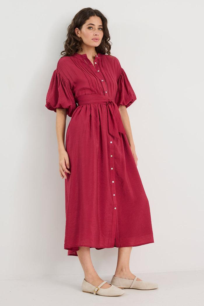 Stride Wine Puff Sleeve Pin Tuck Maxi Shirt Dress