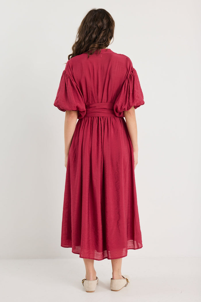 Stride Wine Puff Sleeve Pin Tuck Maxi Shirt Dress