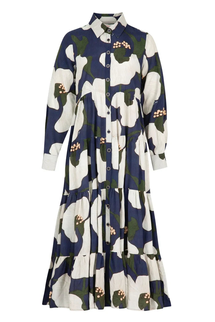 Long dress with a floral pattern on a white background