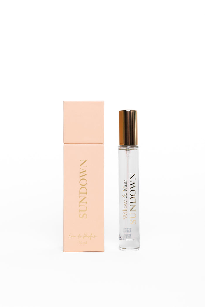 Sundown perfume bottle and packaging on a white background