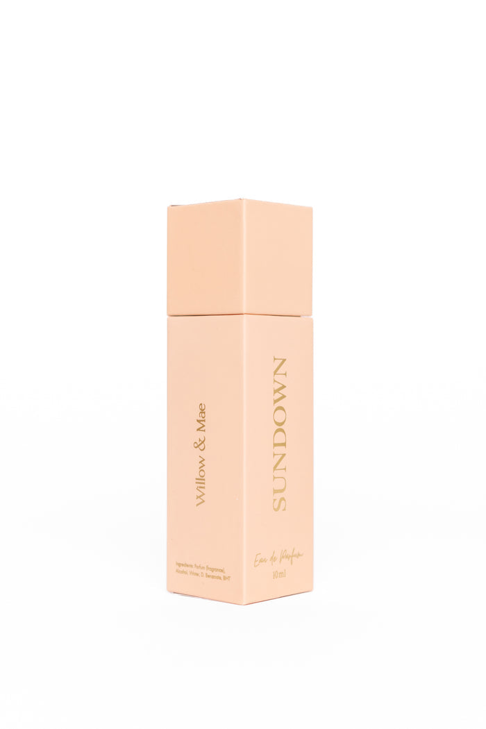 Skincare product packaging with 'Sundown' branding on a white background