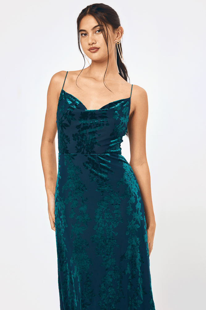 Teal Jacquard Cowl Neck Maxi Dress