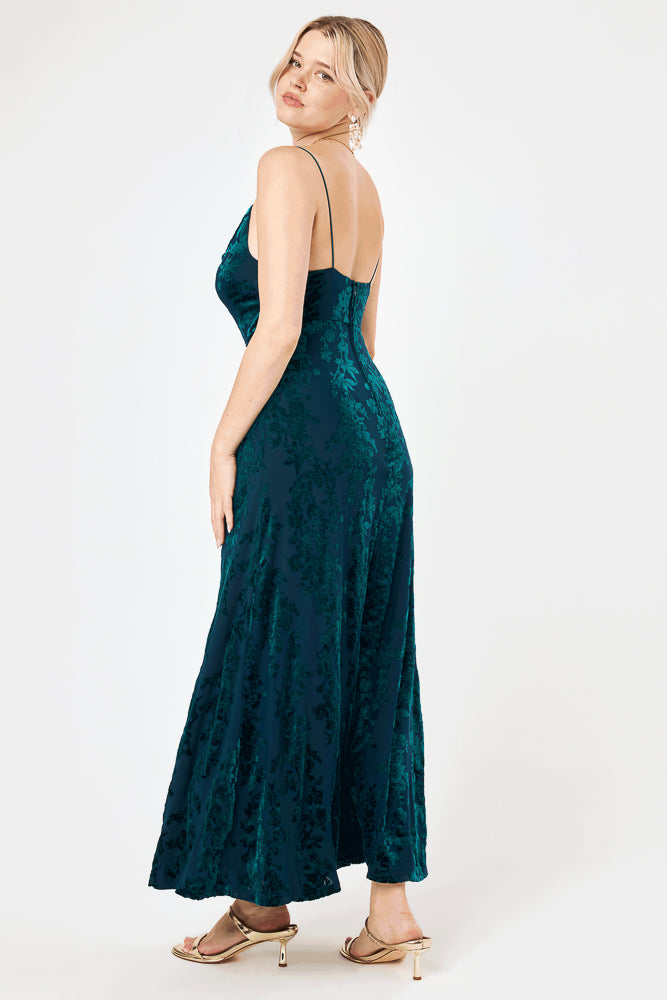 Teal Jacquard Cowl Neck Maxi Dress