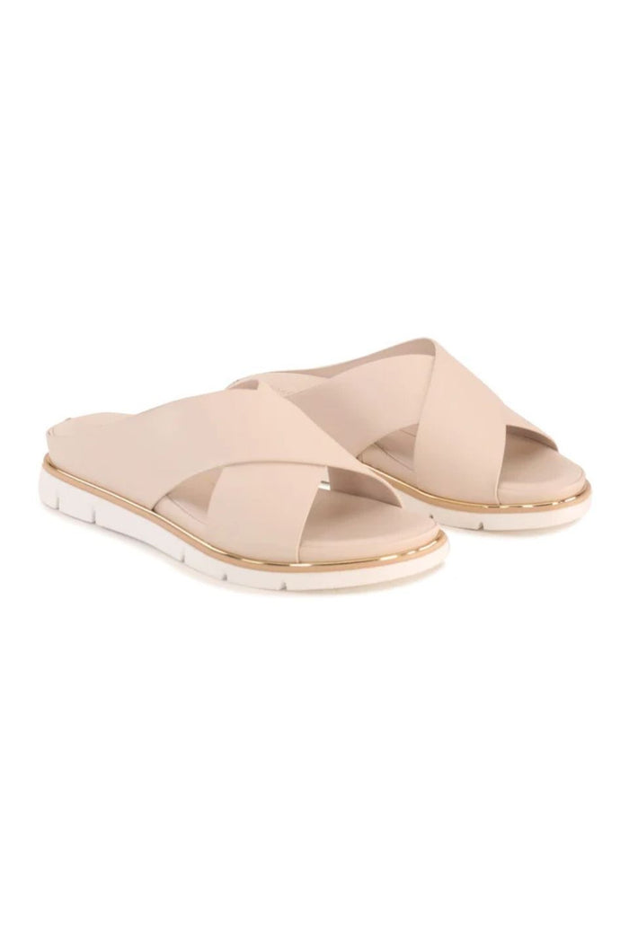 A pair of women's slide sandal in a light beige or nude color, featuring crisscrossing straps and a low block heel, shown against a plain white background.