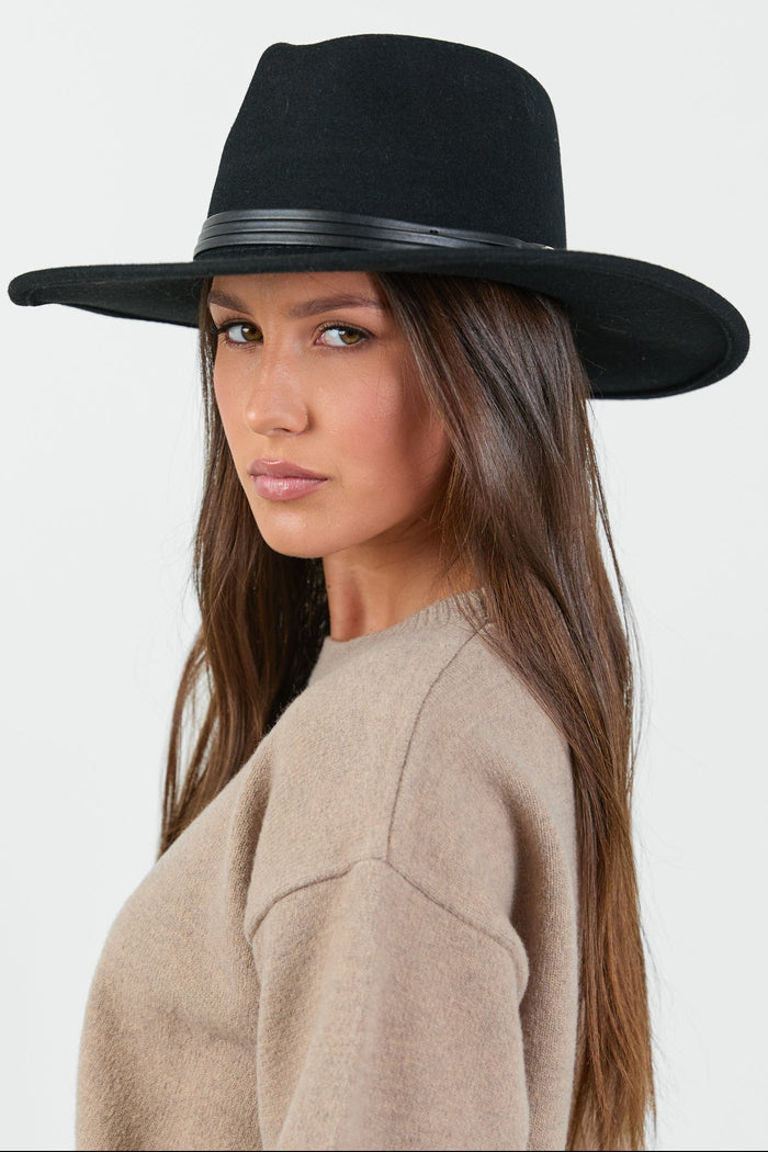 Tessa Black Stacked Trim Panama Adjustable Wool Hat