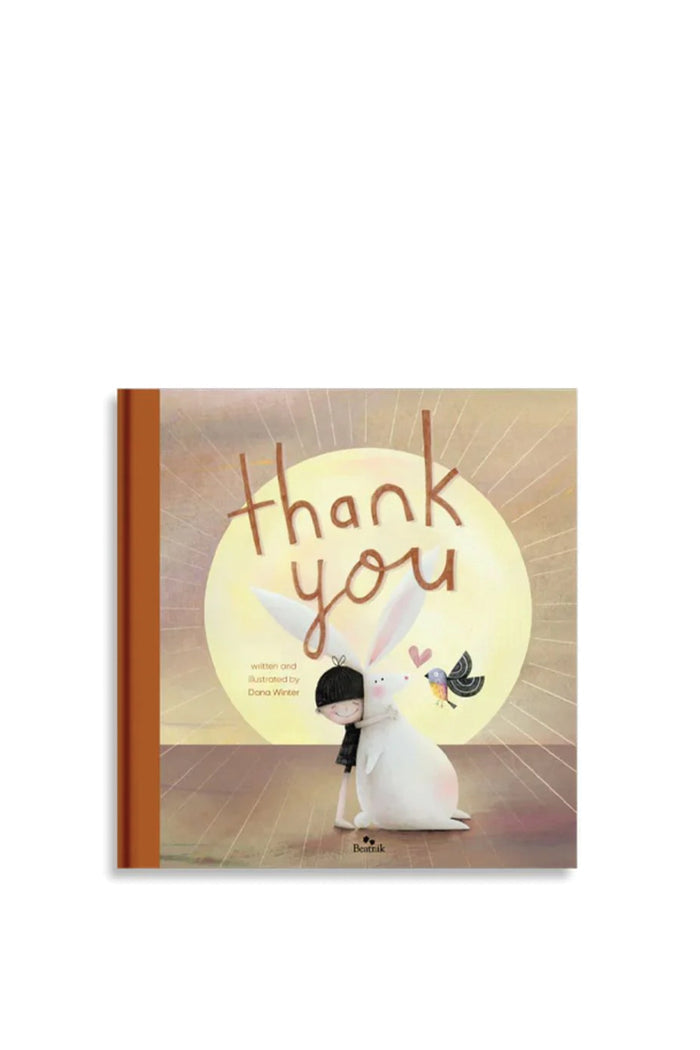 Book cover with a rabbit character, text 'Thank you', and a heart design on a warm-toned background.
