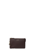 Dark brown leather clutch bag with gold zipper on a white background
