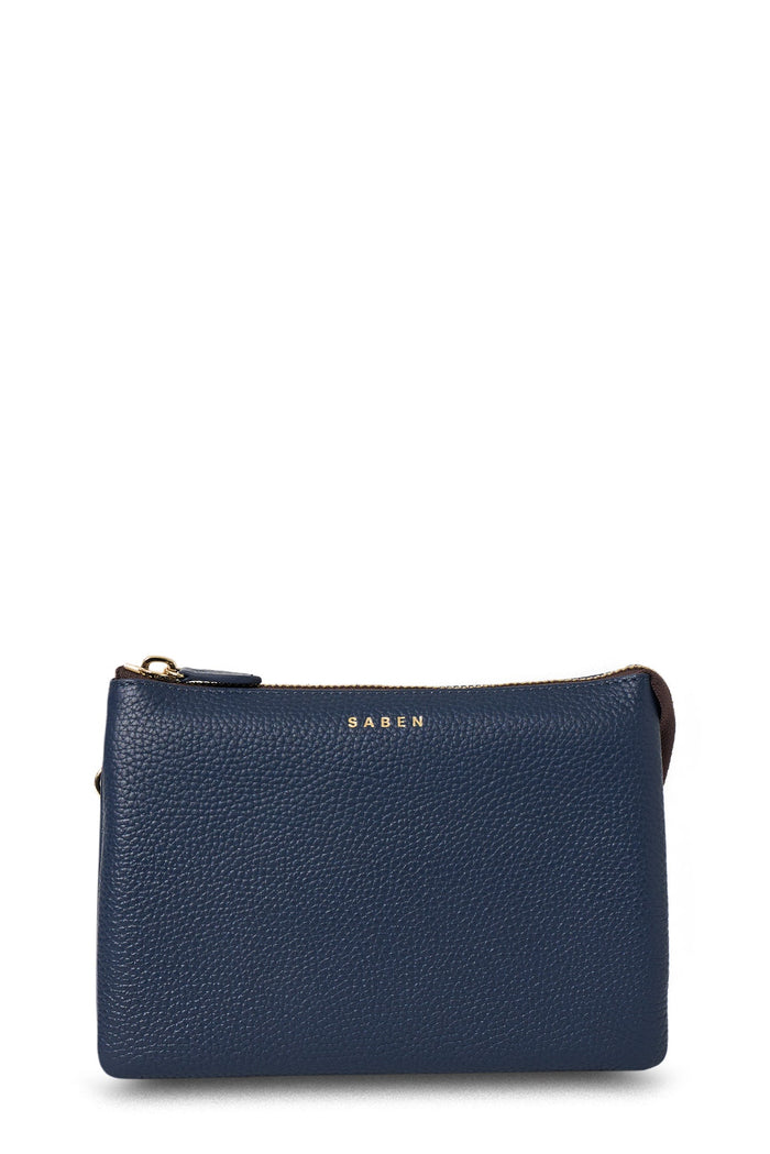 Blue leather pouch with gold zipper and 'SABEN' branding on a white background