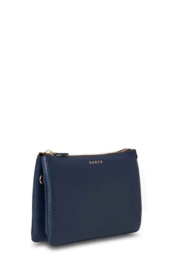 Navy blue handbag with gold zipper on a white background