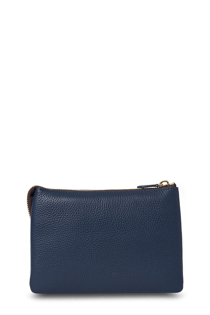 Navy blue leather pouch with gold zipper on a white background