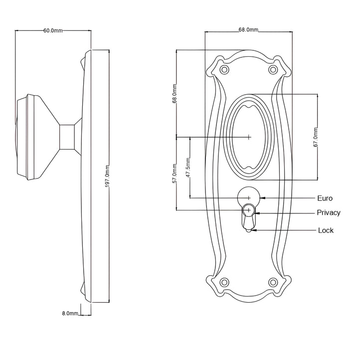 Line Drawing TradCo Bungalow Door Knob Long Backplate Entrance Set with High Security Lock Polished Brass 1050KENTREURO57KK - The Blue Space