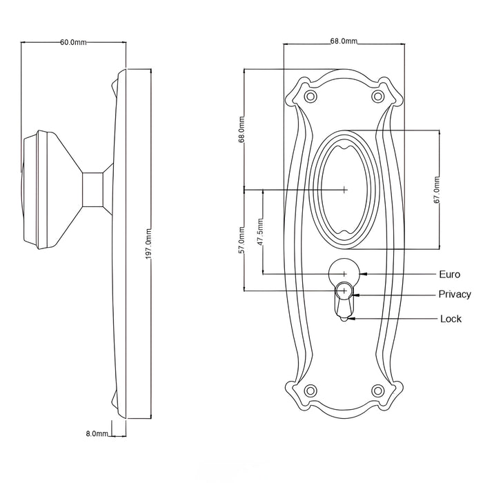 Line Drawing TradCo Bungalow Door Knob Long Backplate Entrance Set with High Security Lock Satin Chrome 0870KENTREURO57KK - The Blue Space