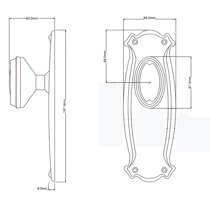 Line Drawing TradCo Bungalow Door Knob Long Backplate Passage Set Chrome Plated 0886KPASS60 - The Blue Space