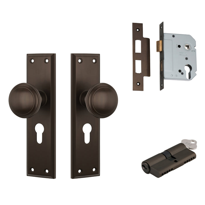TradCo Milton Door Knob Long Backplate Entrance Set with High Security Lock Antique Brass 0724KENTREURO57KK - The Blue Space