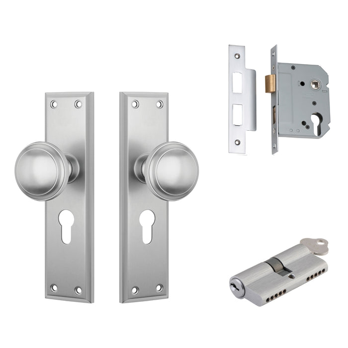 TradCo Milton Door Knob Long Backplate Entrance Set with High Security Lock Satin Chrome 0736KENTREURO57KK - The Blue Space
