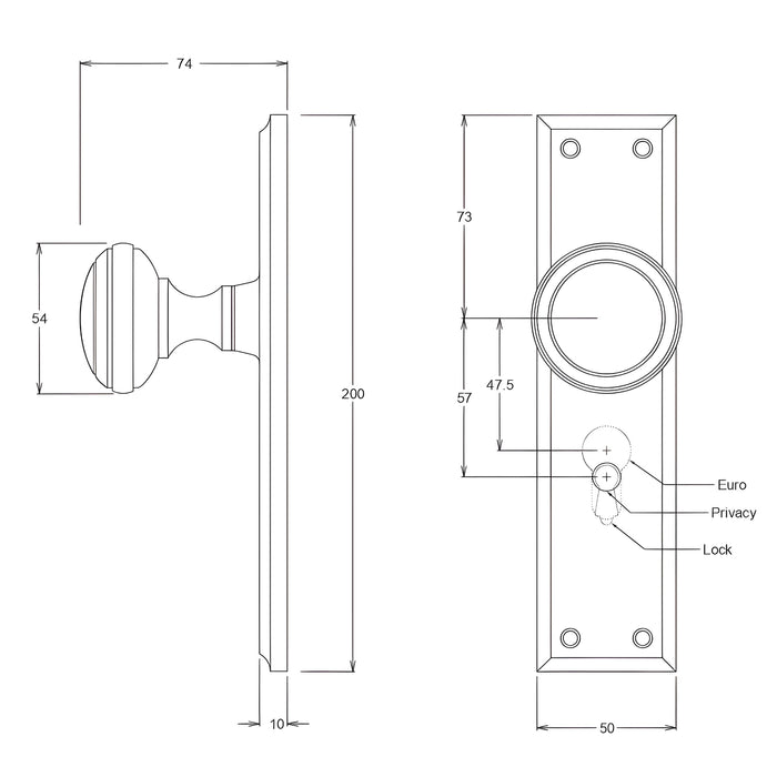 Line Drawing TradCo Milton Door Knob Long Backplate Entrance Set with High Security Lock Satin Chrome 0736KENTREURO57KK - The Blue Space