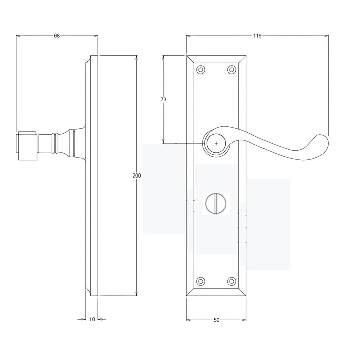 Line Drawing TradCo Milton Lever Long Backplate Privacy Set Matte Black 9610KPRIV60 - The Blue Space