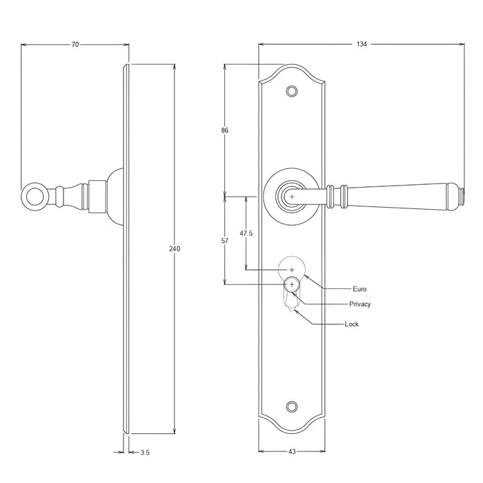 Line Drawing TradCo Reims Lever Long Backplate Entrance Set with High Security Lock Polished Brass 0771KENTREURO57KK - The Blue Space