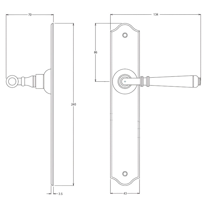 Line Drawing TradCo Reims Lever Long Backplate Passage Set Chrome Plated 0777KPASS60 - The Blue Space