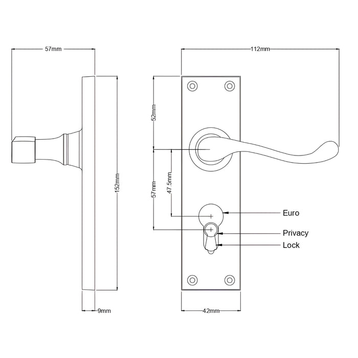 Line Drawing TradCo Victorian Lever Long Backplate Entrance Set with High Security Lock Matte Black 1930KENTREURO57KK - The Blue Space