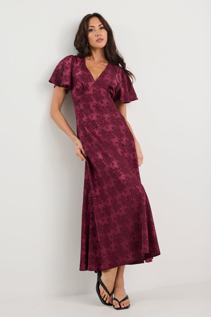 Tram Burgundy Jacquard Bias Flared Maxi Dress