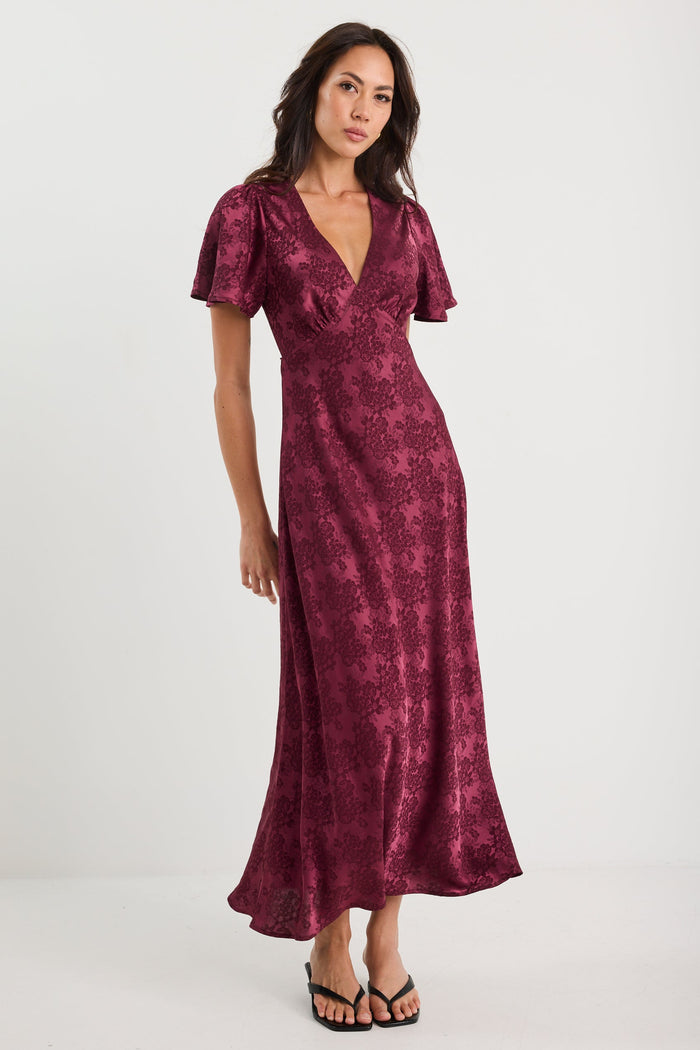 Tram Burgundy Jacquard Bias Flared Maxi Dress