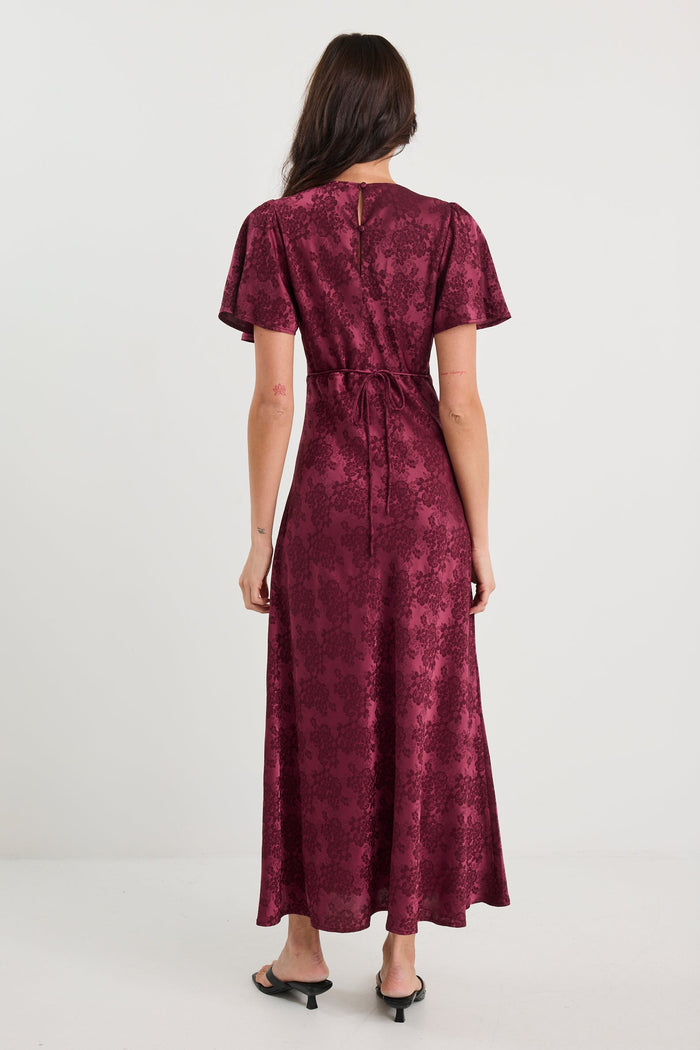 Tram Burgundy Jacquard Bias Flared Maxi Dress
